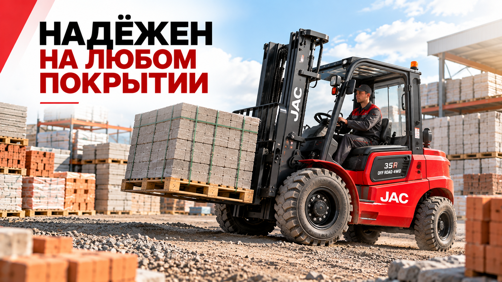 Внедорожный вилочный погрузчик JAC CPCD 35R OFF ROAD 4WD перевозит строительные блоки по неровной площадке